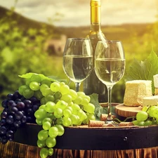 Bottle, Two cars, Cheese, glasses, Wine, Grapes, barrel