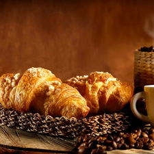 grains, coffee, Tray, cups, boarding, Croissant, croissants, basket