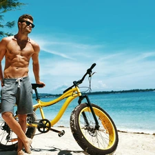 Beaches, a man, Glasses, sun, Bike, summer