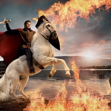 a man, sword, Big Fire, Horse