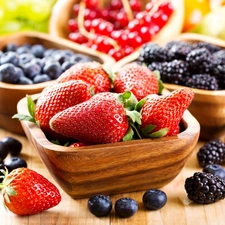 Bowls, blueberries, strawberries, blackberries
