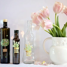 Bottles, pitcher, Tulips