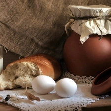 pitcher, eggs, bread, milk