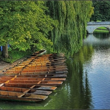 Park, River, bridge, boats
