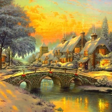 bridge, River, view, Houses, winter