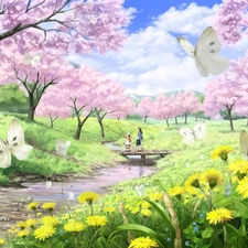 Manga, River, butterflies, Meadow