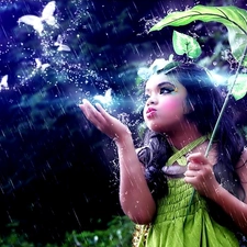 butterflies, girl, Rain