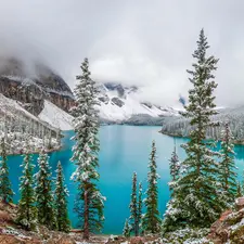 Alberta, Mountains, trees, Banff National Park, woods, winter, viewes, Spruces, Stones, clouds, Moraine Lake, lake, snow, Canada