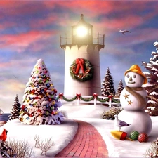 Christmas, winter, Lighthouse, maritime, Snowman