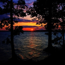 clouds, Great Sunsets, trees, viewes, lake