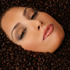 woman, grains, coffee, face