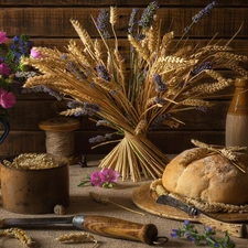 corn, bouquet, Oil Lamp, bread, dishes, Flowers, composition, sickle
