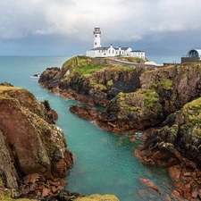 Fanad Head Lighthouse, rocks, Ireland, clouds, County Donegal, Lighthouses, sea, Portsalon