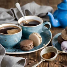 coffee, composition, cups, cookies, rose, kettle, Plates, grains, Macaroons