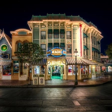 Street, Night, California, buildings, Town, Disneyland, USA