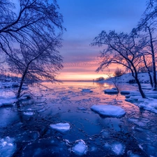 trees, winter, Sunrise, Finland, viewes, River