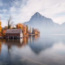 Fog, Lake Traunsee, Mountains, Houses, autumn, Austria, trees, viewes, Yellowed