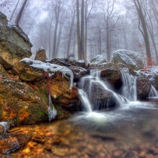 Fog, rocks, waterfall