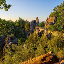 Saxon Switzerland National Park, Děčínská vrchovina, Germany, Rock Formation, trees, viewes, rocks, bridge, Bastei