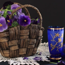 basket, pansies, glasses, purple
