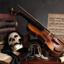 Books, skull, Tunes, hourglass, composition, violin, chaplet