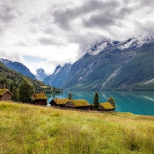 lake, clouds, Houses, Mountains