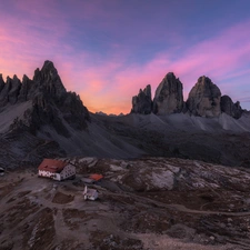 Valley, Tre Cime di Lavaredo, Province of Belluno, Houses, Dolomites Mountains, Great Sunsets, Italy