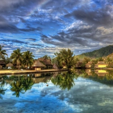Houses, water, Mountains, Palms, clouds