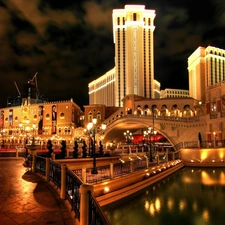 Hotel hall, Night, North America, illuminated, Town, Venetian, Las Vegas