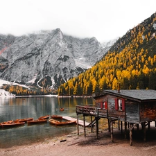 lake, Pragser Wildsee, boats, Wooden, Mountains, Dolomites, Italy, cottage
