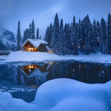 Mountains, house, trees, Yoho National Park, viewes, winter, British Columbia, forest, lake, Canada, bridge, Fog, Emerald Lake