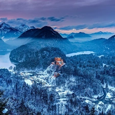 lakes, Castle, Mountains, woods, winter