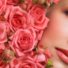 roses, Women, make-up, face