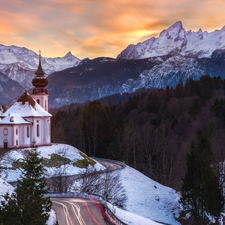 trees, woods, Bavaria, Sanctuary of Maria Gern, Germany, winter, Church, viewes, Mountains, Sunrise, Way, Berchtesgaden, Salzburg Slate Alps