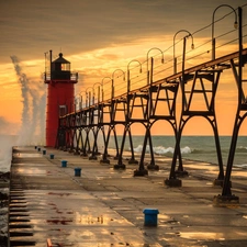 Lighthouses, lake, Michigan, pier