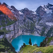 Bernese Alps, Canton of Bern, VEGETATION, Oeschinen Lake, viewes, Mountains, Switzerland, trees