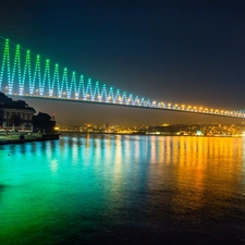 bridge, Night, Turkey, panorama, Istanbul, Floodlit, River, town