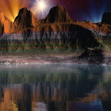 canyon, reflection, Night, lake