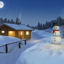 woods, house, Night, winter, Snowman, Mountains
