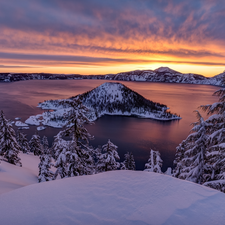 viewes, Mountains, Island of Wizard, State of Oregon, winter, Crater Lake National Park, Crater Lake, The United States, Sunrise, trees