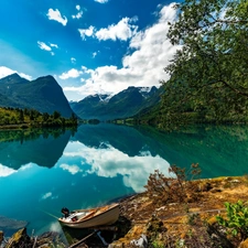 District of Sogn og Fjordane, Norway, lake, Mountains, Boat, reflection, viewes, clouds, trees