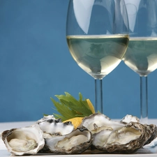 Oysters, glasses, Wine