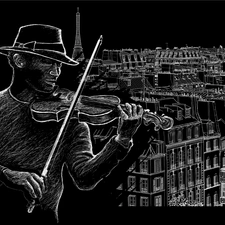 panorama, town, a man, violin, graphics