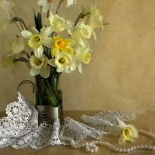 Pearl, lace, Yellow, Daffodils, Vase