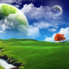 Green, Red, Planet, fantasy, Meadow, trees