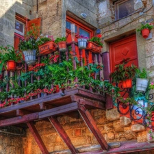 Stairs, Red, Pots, Balcony