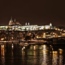 Prague, Czech Republic, River, Castle, Night