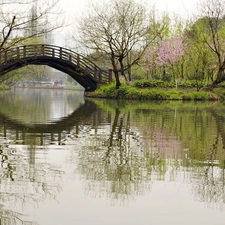 reflection, River, bridges