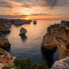 clouds, Great Sunsets, Portugal, sea, Algarve Region, rocks, Coast, Atlantic Ocean