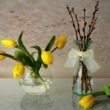 Yellow, glass, ribbon, database, Tulips, vases